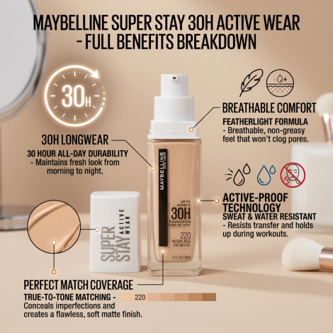 Maybelline Super Stay Active Wear Foundation 30H- 220 Natural Beige