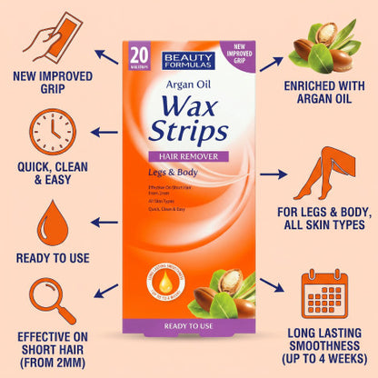 Beauty Formulas Argan Oil Leg & Body Wax Strips 20Pcs