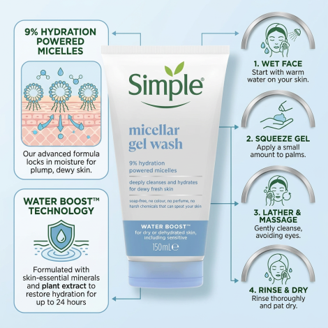 Simple Water Boost 9% Hydration Powered Micellar Gel Wash 150ml